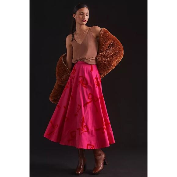 Anthropologie Maeve Taffeta Women's Pink & Red Velvet Bow Skirt Size 8